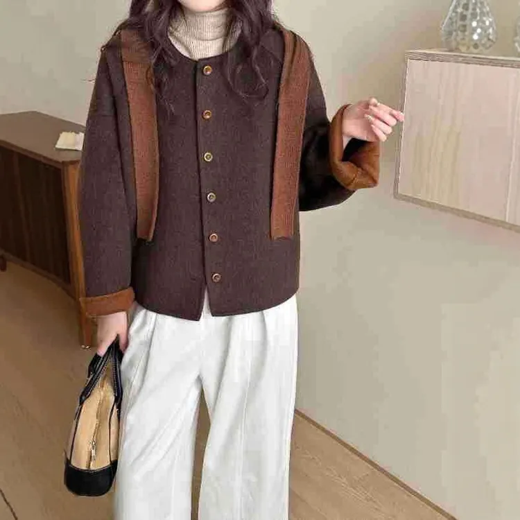 太气质双面女短款2025新款韩系撞色圆领宽松显瘦外套