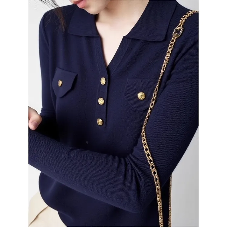 藏蓝色V领针织衫女2025秋冬新款时尚洋气减龄外穿毛衣打底衫上衣