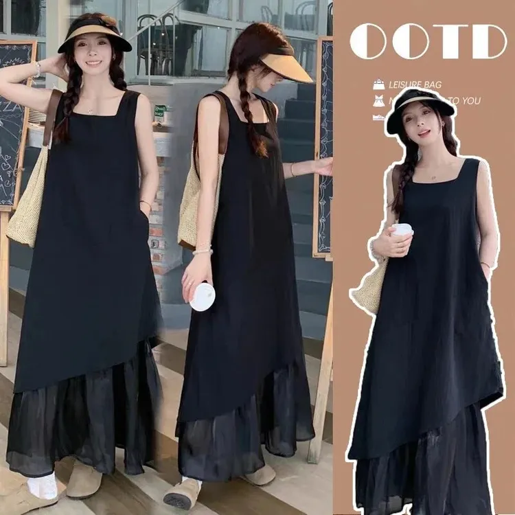 洋气孕妇装夏装连衣裙新款白色高级感流光纱不规则拼接无袖背心裙