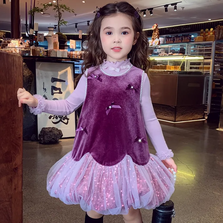 女童背心裙秋冬2025新款儿童法式丝绒蓬蓬公主裙小女孩花苞连衣裙