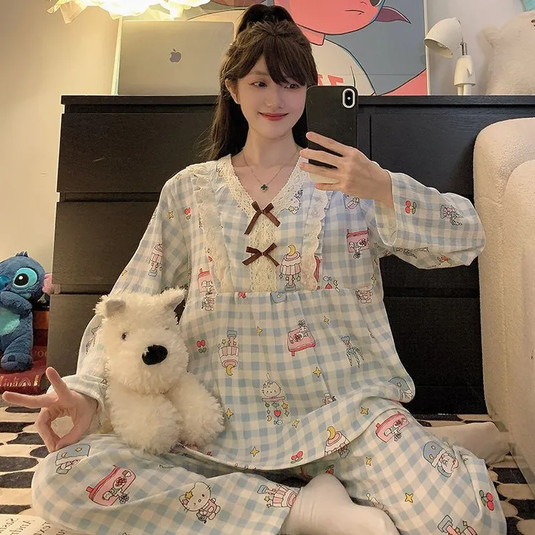 春秋季睡衣女云朵棉长袖大码胖MM200斤甜美公主风薄款家居服套装