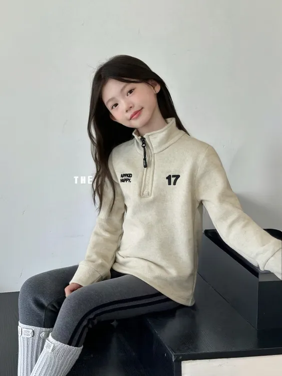 女童2025新款韩版时髦半拉链高领秋冬季加绒洋气加厚运动打底衫