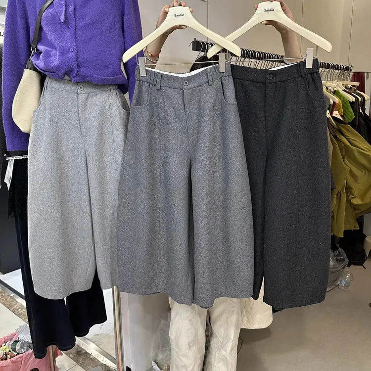 韩系复古简约高腰毛呢气球裤女2025冬季新款小个子显瘦直筒阔腿裤