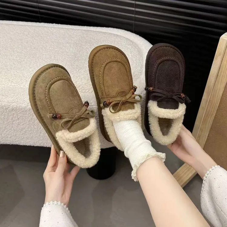勃肯鞋女2025秋冬季加绒保暖豆豆鞋百搭平底乐福鞋一脚蹬毛毛棉鞋