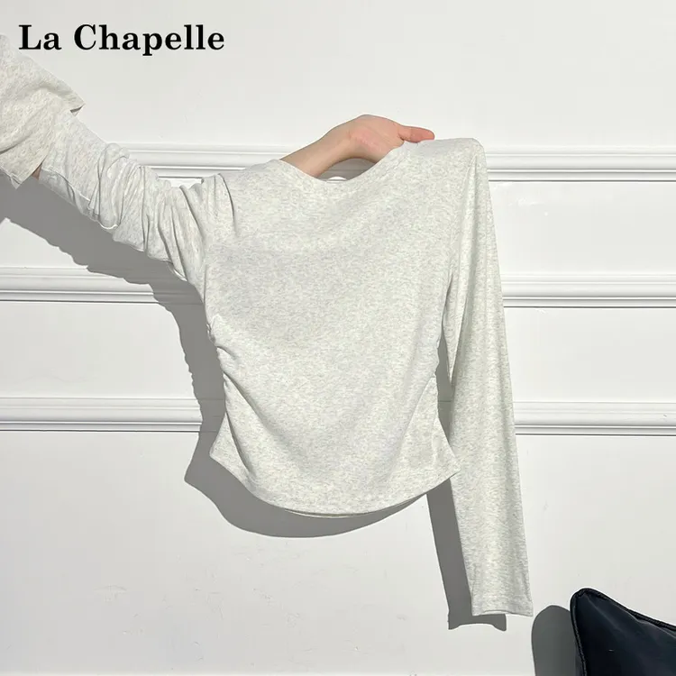 拉夏贝尔不规则纯色正肩圆领t恤女长袖早秋收腰修身百搭褶皱上衣