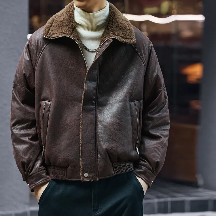 格蓝鹿高端潮牌老钱风皮毛一体棉服男秋冬派克服棉袄加绒皮衣外套