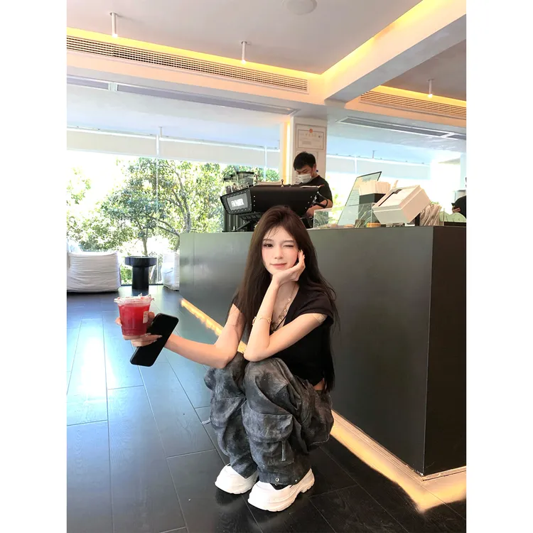 甜虾派 灰影酷感 灰黑色扎染个性个性工装裤 多口袋设计 酷帅随性