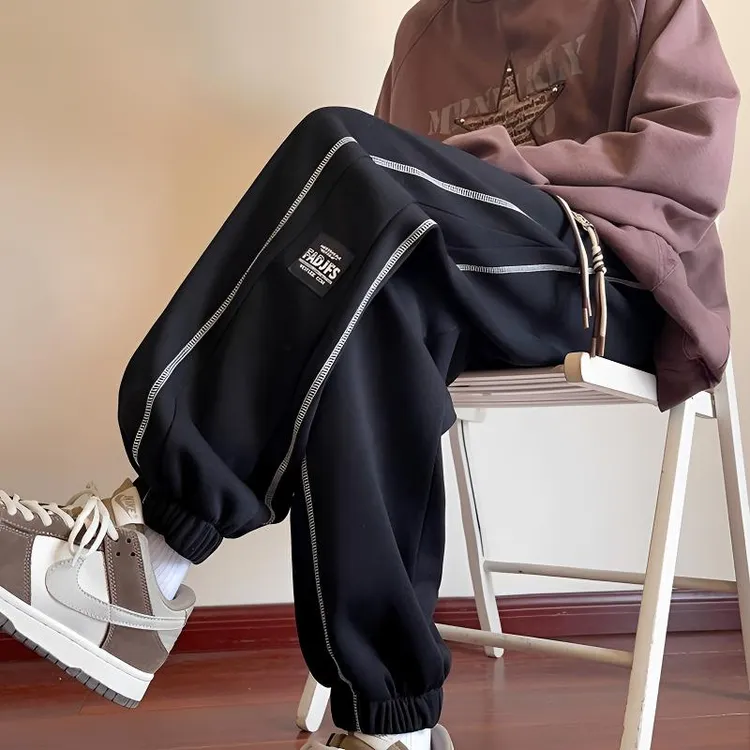 束脚卫裤男款秋冬季潮牌美式休闲裤子宽松阔腿贴标运动裤加绒加厚