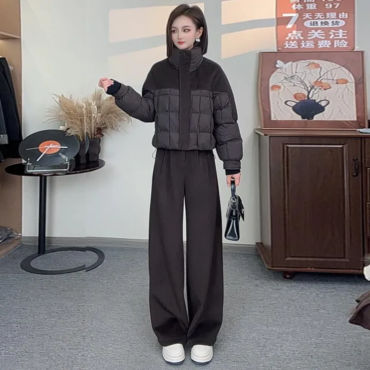 时尚短款衣女冬季新款洋气加厚保暖毛呢拼接棉衣棉袄外套