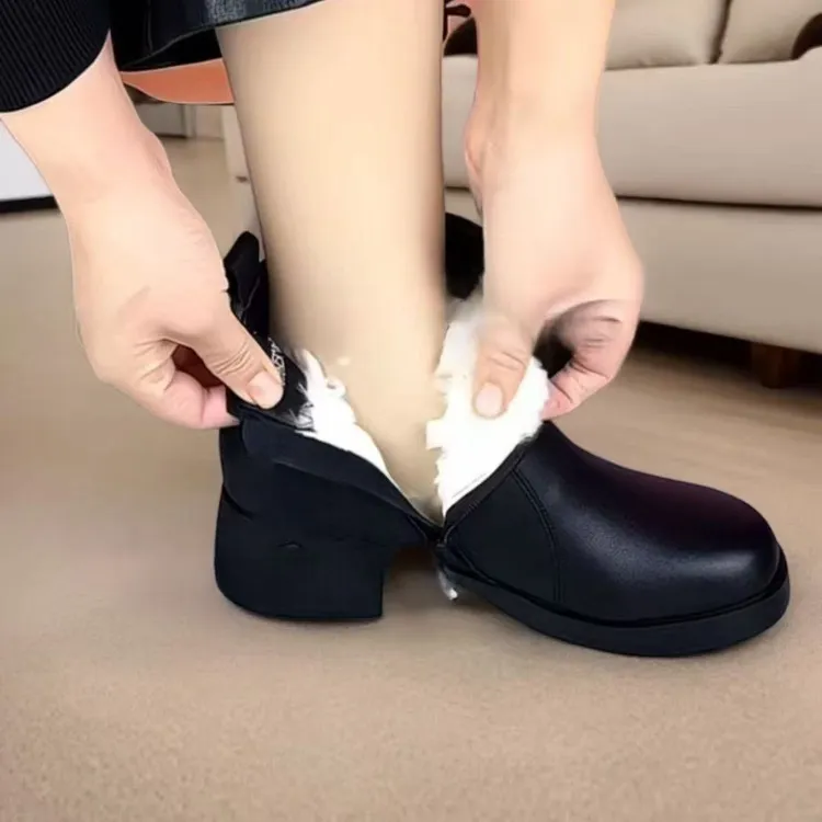 休闲中跟侧拉链防水秋冬平底棉鞋短靴胶粘方跟