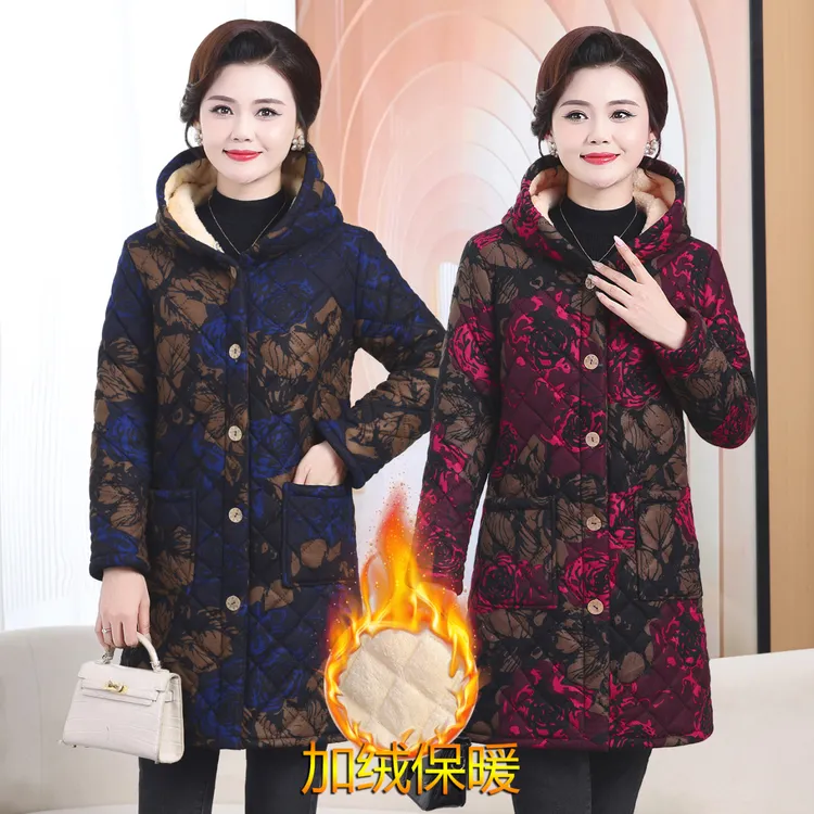 爆款中长款棉袄中老年女装妈妈装冬款加绒加厚连帽保暖大花棉袄