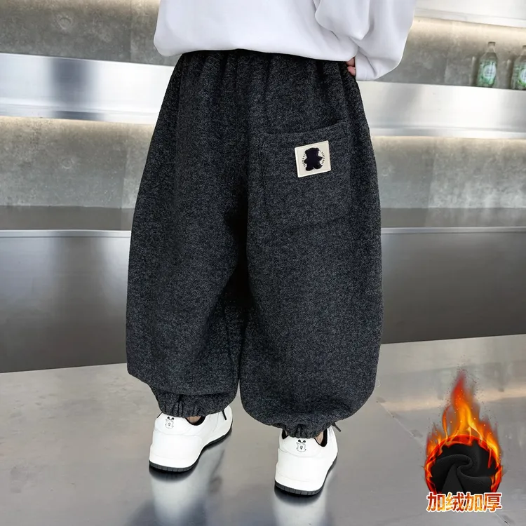 男童秋冬季加绒裤子2025新款儿童加厚帅气运动卫裤男孩冬装灯笼裤
