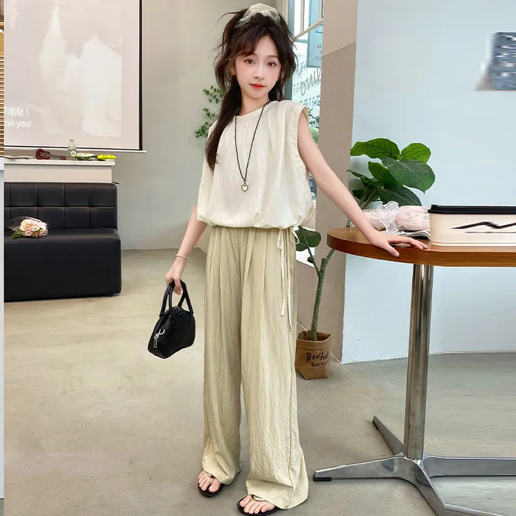 女童夏季套装2025新款大童女孩冰丝阔腿防蚊裤薄款无袖夏装两件套