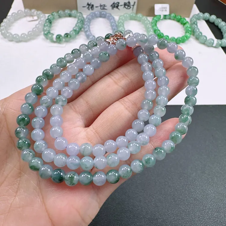 天然A货翡翠卡5.5mm老坑冰种紫罗兰飘花圆珠多圈女士珠子项链手串