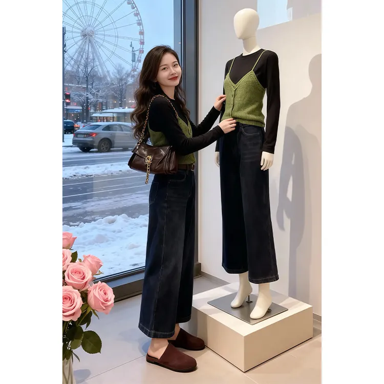 巨好看早秋穿搭一整套百搭圆领打底长袖上衣针织背心显瘦牛仔裤