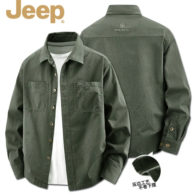 JEEP官方正品秋季免烫纯棉复古休闲双口袋休闲衬衫男