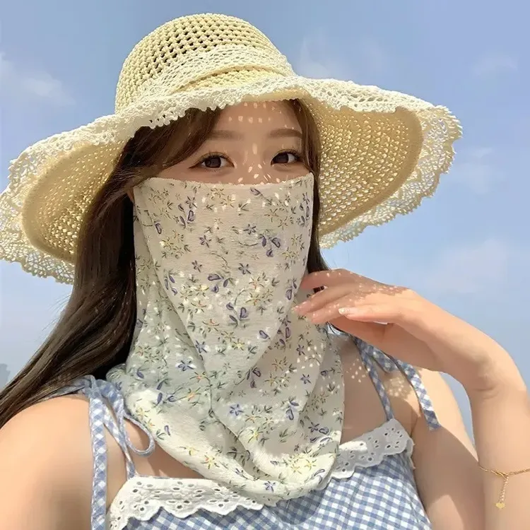 春夏新款碎花仿竹麻护脖半脸防护防晒防紫外线口罩脖套女发饰防晒商品图