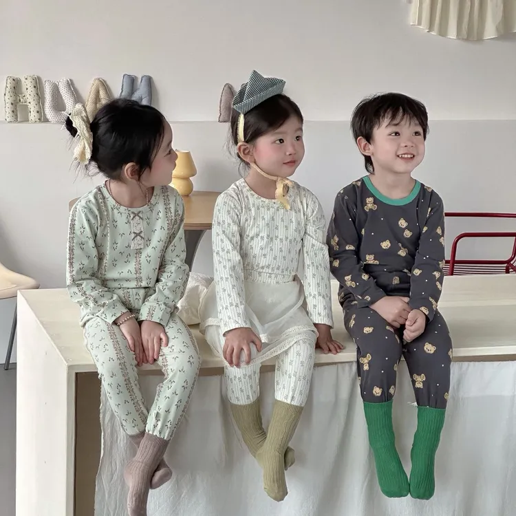 纯棉A类无骨莱卡儿童内衣长裤长袖男女童宝宝秋衣秋裤家居服套装