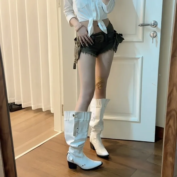 现货秒发~白色尖头长靴女真皮辣妹骑士靴复古大筒围显瘦堆堆靴女