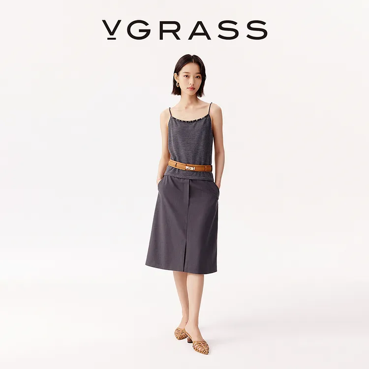 VGRASS手工八字针半身裙25早秋新款绵羊毛混纺A字半裙VSB2Q3019E