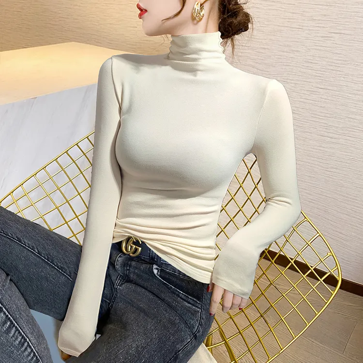 杏色高领打底衫女内搭秋冬2025新款修身保暖针织衫堆堆领加绒上衣