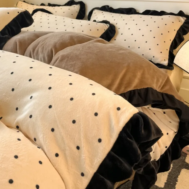 法式花边双面牛奶绒被套床上四件套冬季加厚宿舍珊瑚绒床单三件套