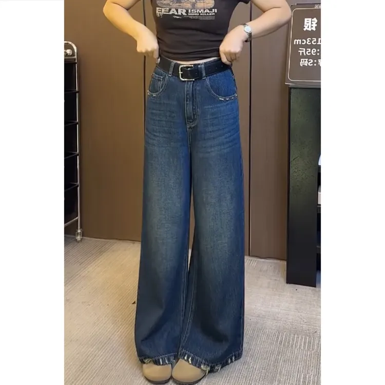 艾塔莉秋季新款美式高腰牛仔裤宽松小个子显高显瘦阔腿裤磨破设计