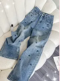 60001美式复古刺绣烫钻重工水洗显瘦直筒牛仔裤