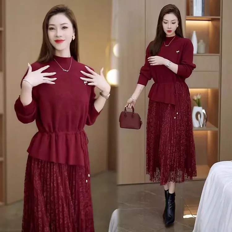 针织连衣裙女2025秋冬新款时髦洋气中长款假两件加厚打底针织裙子