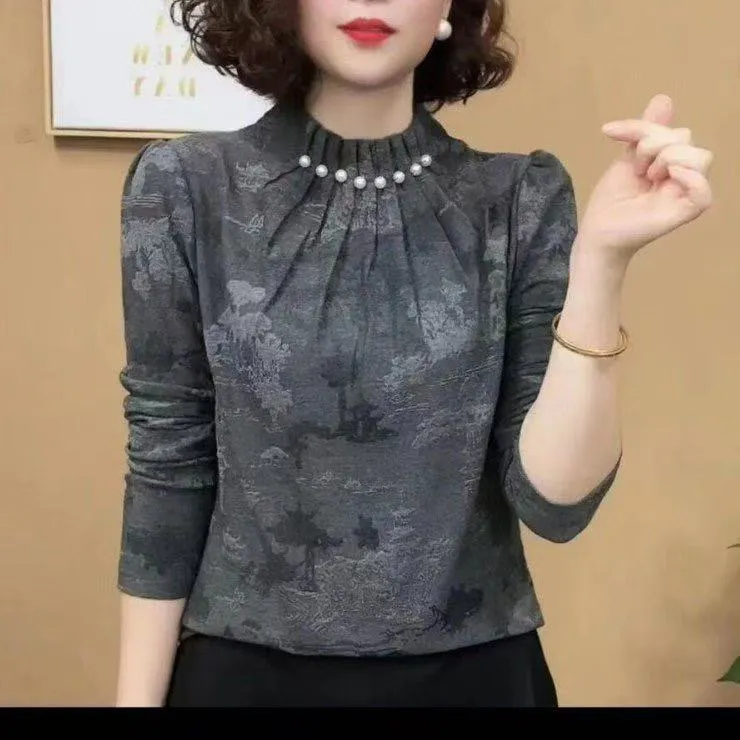 秋冬新款女士上衣半高领钉珠时尚百搭提花设计感T恤显瘦长袖打底