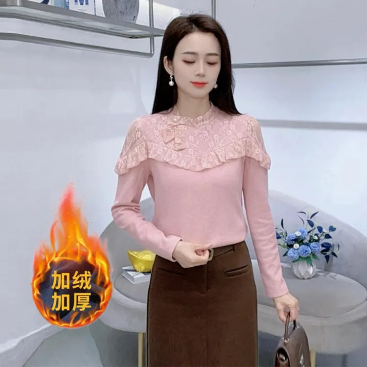 时尚蕾丝拼接长袖T恤女2025冬季新款洋气百搭显瘦立领打底衫上衣