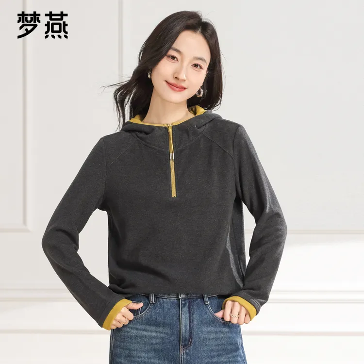 梦燕秋冬女款时尚经典百搭御寒保暖中短款连帽无领卫衣CC16B5004