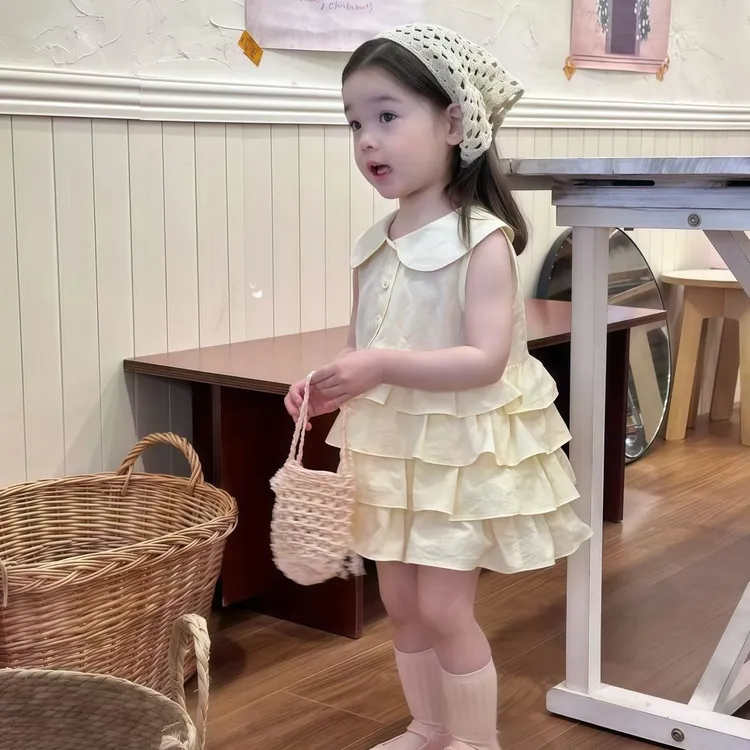 女童连衣裙夏季2025新款洋气甜美公主裙宝宝衬衫娃娃领生日蛋糕裙