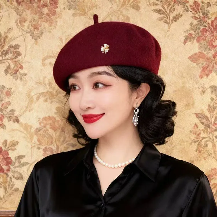 8880秋冬款羊毛时尚百搭贝雷帽网红复古韩版贝雷帽（帽花颜色随机）