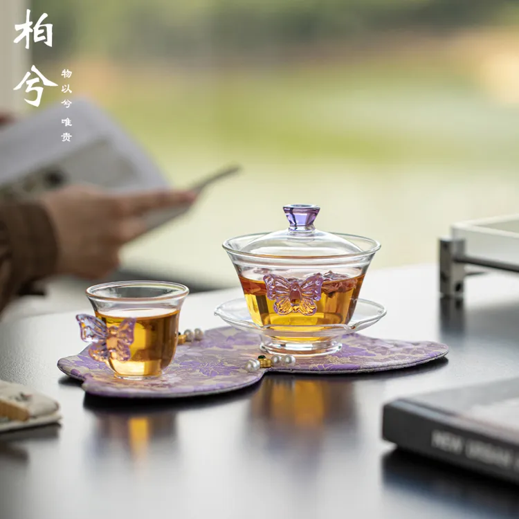 紫色蝴蝶玻璃三才盖碗茶杯茶具一人饮泡茶碗茶具耐高温茶碗茶杯