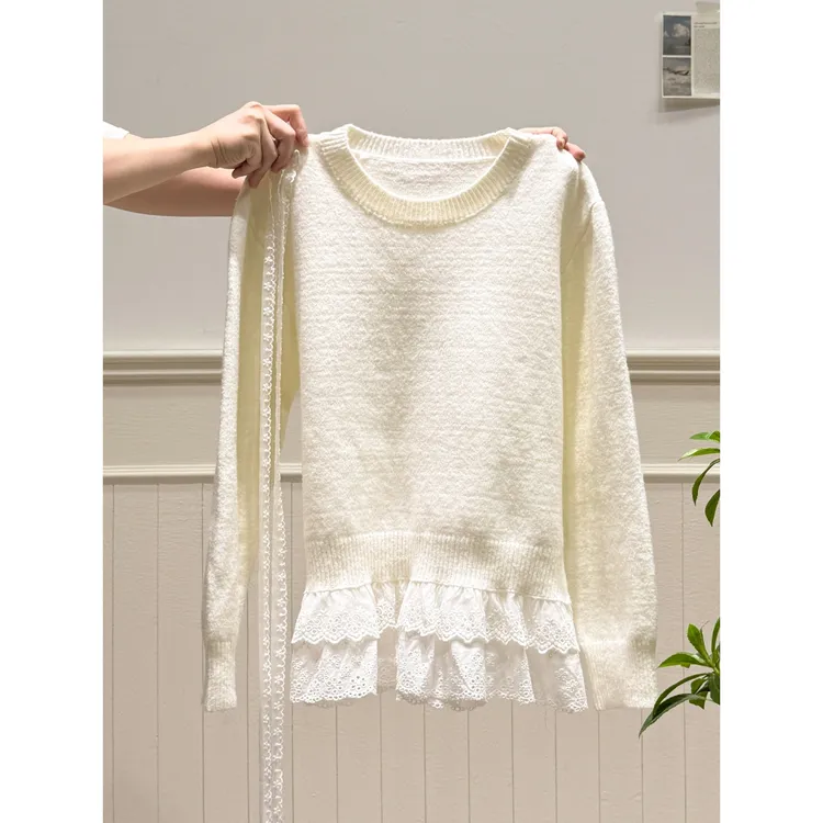 韩系慵懒风加厚长袖针织衫女2025秋冬季蕾丝拼接圆领套头毛衣上衣