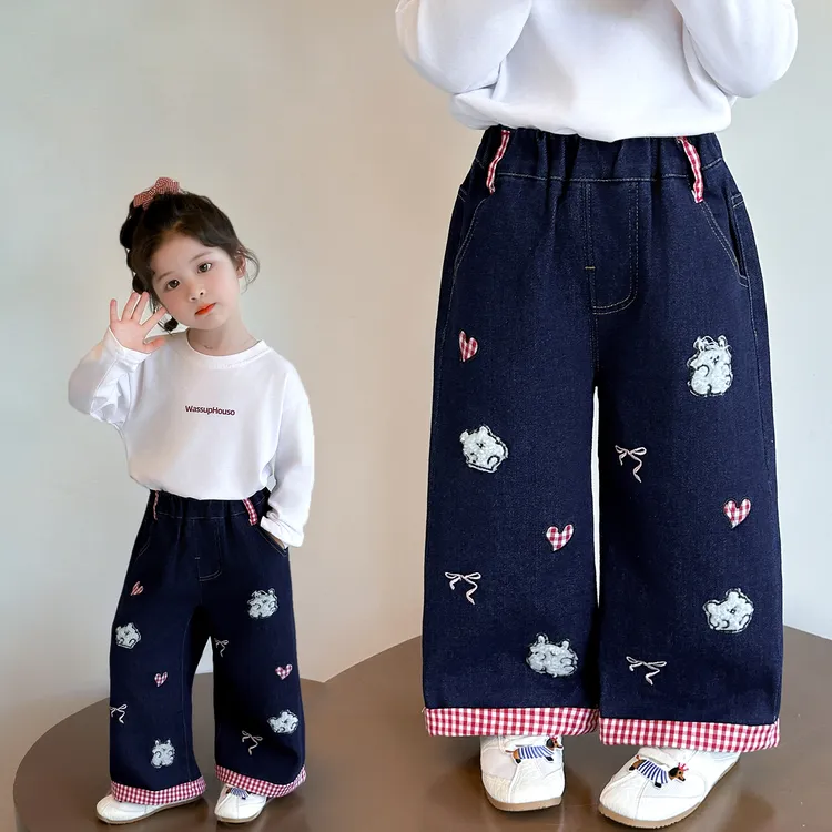 女童卡通刺绣牛仔裤春秋装