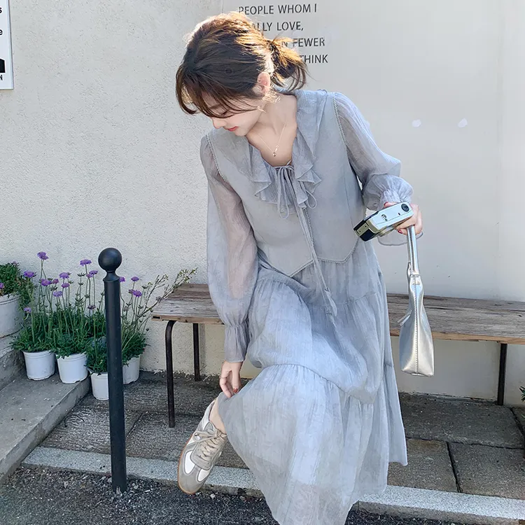 蓝色连衣裙马甲两件套女2025年春季新款时尚超好看洋气百搭套装裙