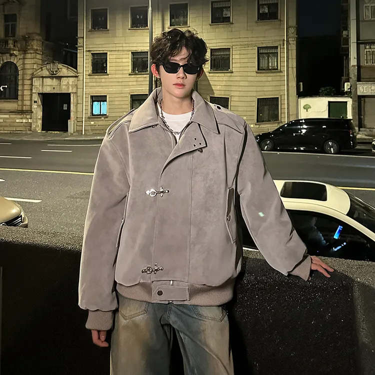 美式复古扎染pu皮棉服外套男款冬季潮牌机车夹克飞机扣设计棉衣