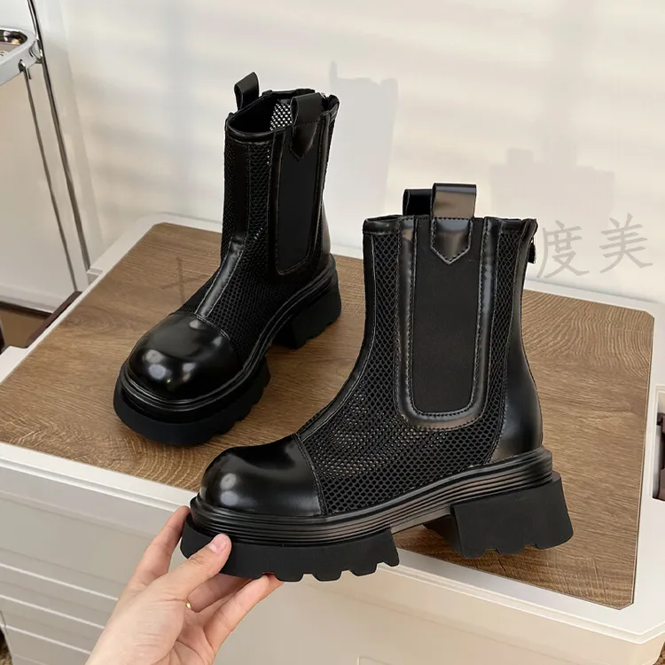 2025新款外增高网纱镂空马丁靴女夏季烟筒靴薄款透气网面短靴女