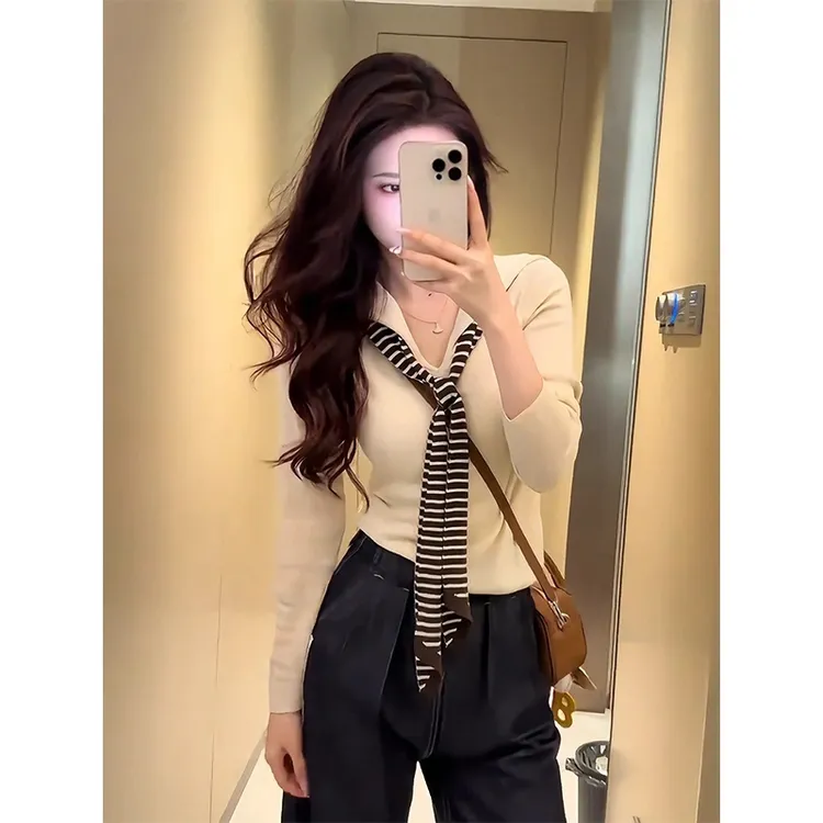 海军领条纹披肩假两件白色长袖T恤女2025早秋新款修身设计感上衣