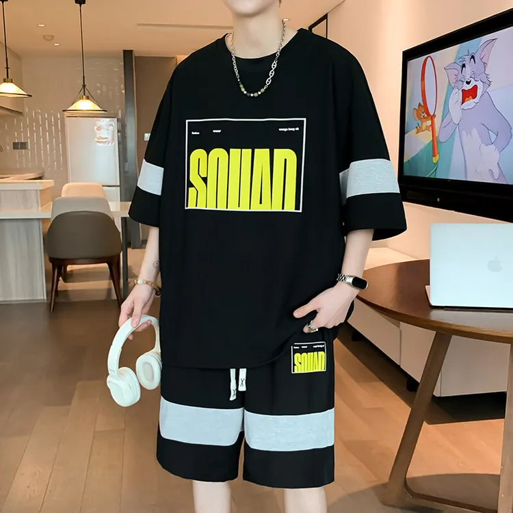 圆领字母印花短袖T恤男夏季青少年一套学院风五分袖体恤套装夏装