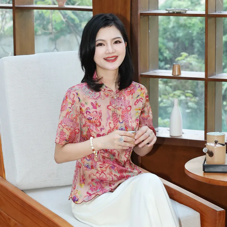【好运锦鲤】枫竺阿楠anan立领钉珠盘扣印花新中式夏装立裁收腰衬衣