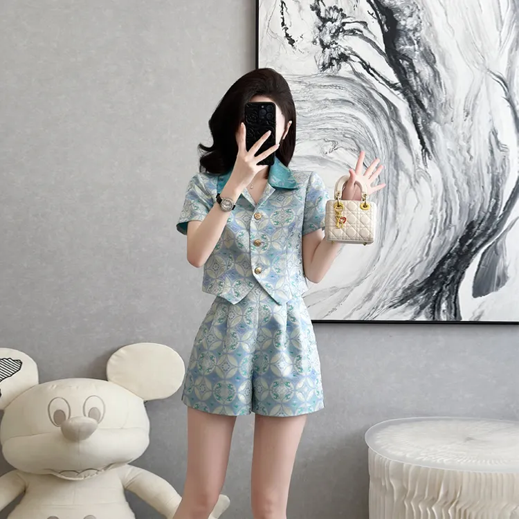 小香风精致提花套装女夏季polo领短袖上衣高腰阔腿短裤气质两件套