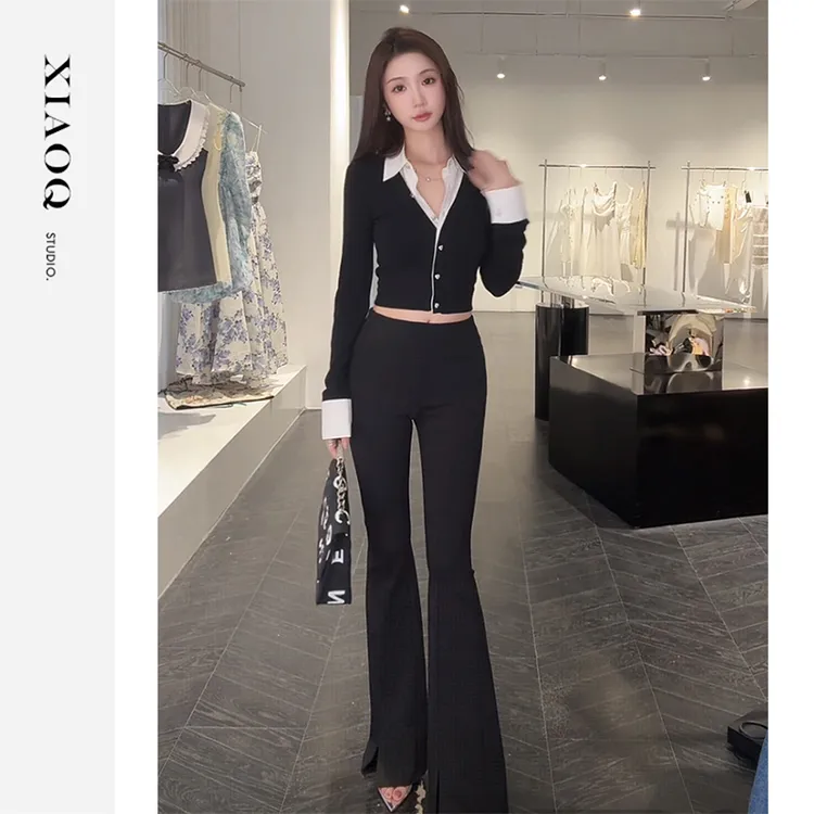 XIAOQ「温柔力量」短款针织修身显瘦百搭白色翻边拼接设计上衣5058