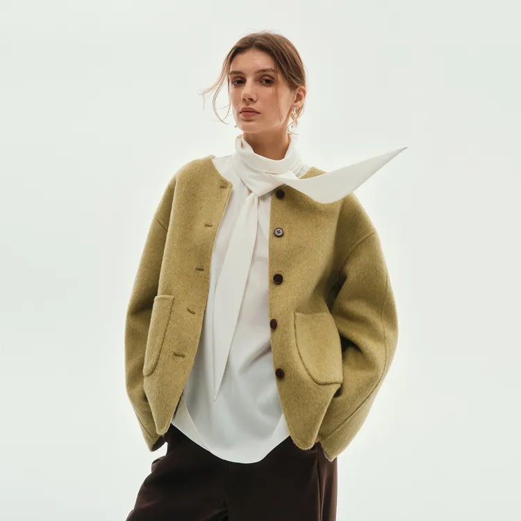 鲸乎极简通勤无领羊毛大衣女AB面25秋短款小个子单排扣毛呢外套