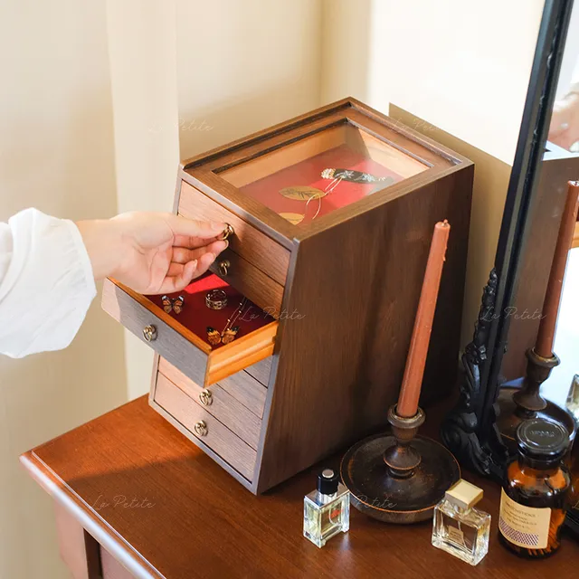 悦澜居复古首饰盒珠宝项链耳环收纳桌面多层抽屉式中古展示陈列盒