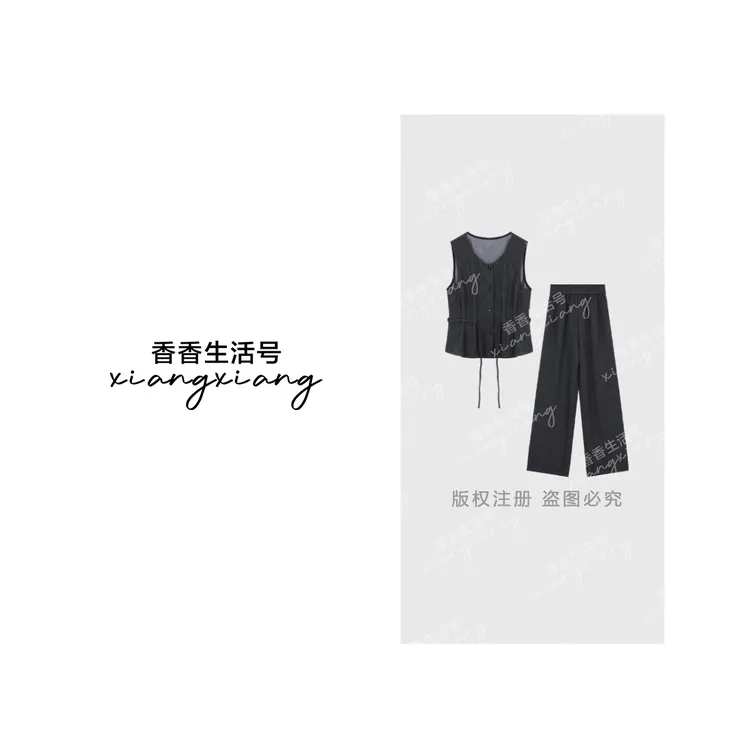 1626琥珀流光休闲套装女2025秋季无袖上衣+阔腿裤两件套
