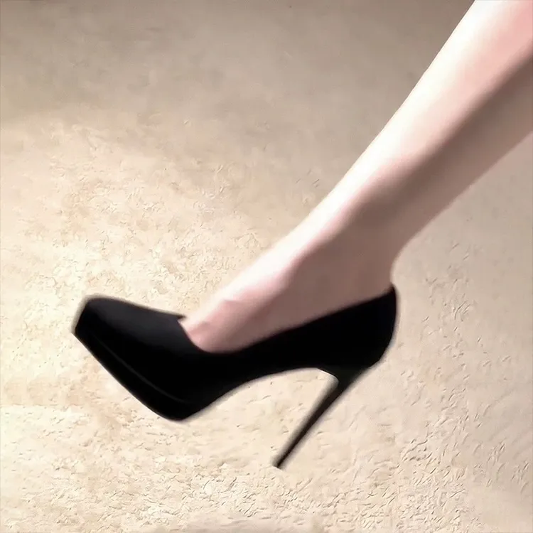 防水台黑色高跟鞋女细跟2025年春季新款绒面性感尖头职业气质单鞋