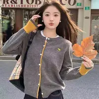 9869撞色圆领针织开衫外套女欧洲站韩系风长袖